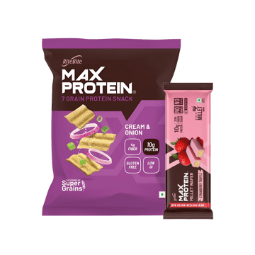 RiteBite Strawberry Truffle Millet Wafer Protein Bar +  Max Protein Cream & Onion 10 g Protein Multigrain Chips Combo