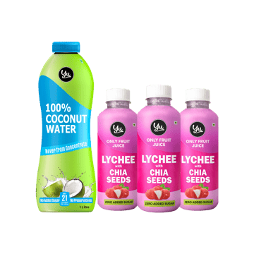 Yu 100% Natural Coconut Water - No Preservative +  Lychee Juice with Chia Seeds Combo