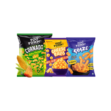 Too Yumm Cornado Extra Cheesy Corn Puffs Chips +  Cheese Balls Puffs (No Palm Oil) +  Crunchy Chatpata Masala Kraze Puffs (No Palm Oil) Combo