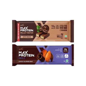 RiteBite Coffee Mousse Millet Waffer Protein Bar +  Max Protein Daily Choco Almond 10 g Protein Bar Combo