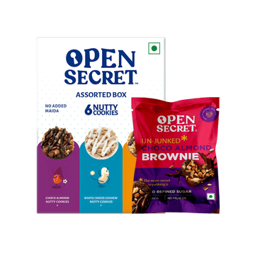 Open Secret Chocolate Almond Valentines Heart Brownie, Veg Cake +  Assorted Protein Cookies Gift Pack - Choco Almonds, White Choco Cashews & Peanut Butter Combo
