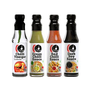 Ching's Secret Dark Soy Sauce Rich, Brown and Zesty +  Red Chilli Sauce, Bold, Fiery & Aromatic +  Green Chilli Sauce +  Chilli Vinegar Combo