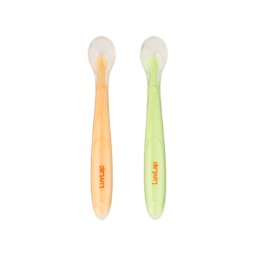 LuvLap Silicone Baby Feeding Spoon Set (Green and Orange)