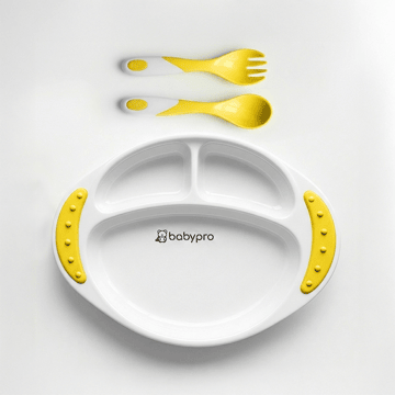 BabyPro Baby Feeding Plate with Spoon & Fork (Yellow)