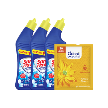 Sani Fresh Ultra Shine Toilet Cleaner - Buy 2 Get 1 Free + Odonil Gel Pocket Citrus Bloom Air Freshener Combo