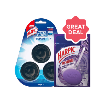 Harpic Flushmatic In-Cistern Toilet Cleaner Block (Marine) +  Hygienic Toilet Cleaner Block (Lavender) Combo