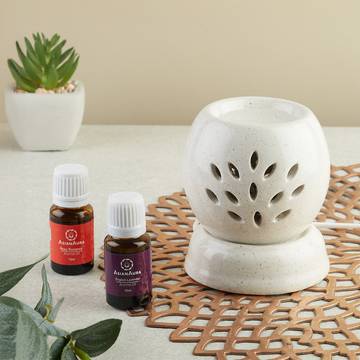 Asian Aura Ceramic Round Aroma Oil Diffuser Set (Lavender & Rosy Romance)