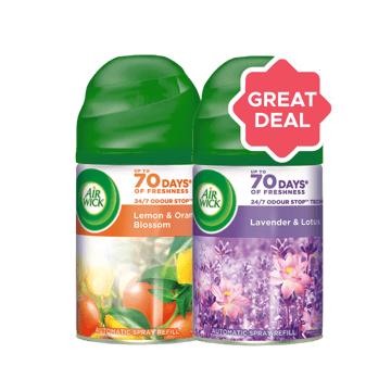 Airwick Freshmatic Room Freshener Refill (Lemon & Orange Blossom) + Airwick Freshmatic Automatic Air Freshener Refill (Lavender & Lotus) Combo