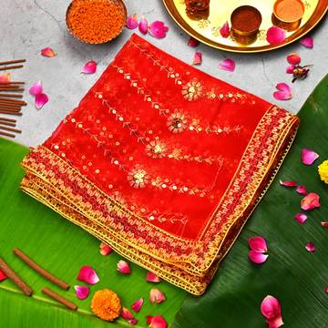 Floral Design Sequined Red Chunri by ServDharm