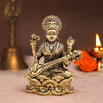 Goddess Saraswati Idol (Brass) by Aksharveda