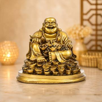 Golden Laughing Buddha Idol with Money Coins by Aksharveda