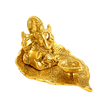 Lord Ganesha on Leaf Idol with Diya by Chandar