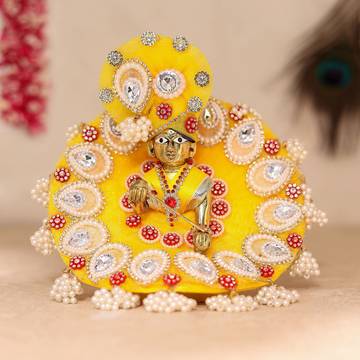 Yellow Pearl Studded Laddu Gopal Dress with Pagdi (Size 2-3) by Aksharveda