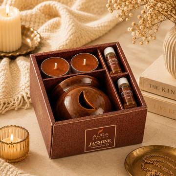 Auradecor Ceramic Diffuser Gift Set (Jasmine Aroma, Brown)