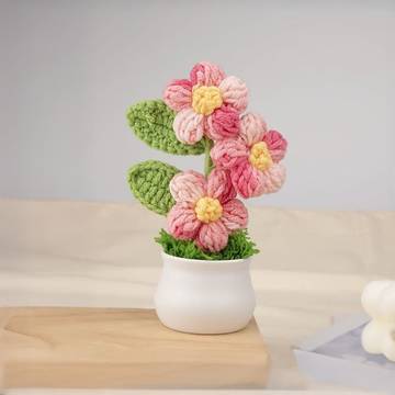 Gift Aura Pink Triple Daisy Crochet Flower with Pot