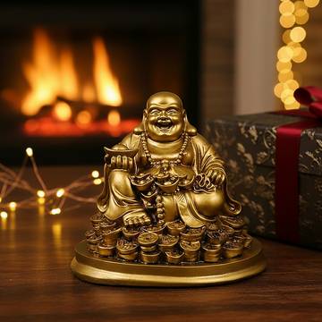 Hindcraft Laughing Buddha Good Luck Showpiece (5" x 5" x 5", Golden)
