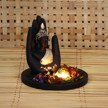 eCraftIndia Golden Handcrafted Palm Buddha Figurines (7", Black)