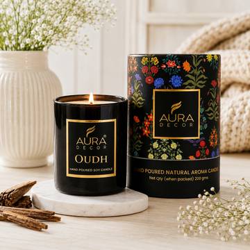Black Glass Wooden Lid Jar Candle (Oudh) by Auradecor