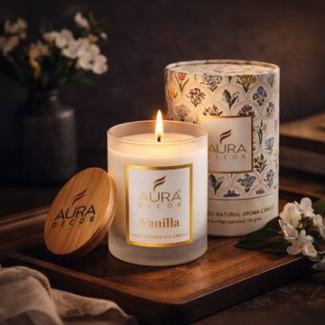 Frosted Glass Wooden Lid Jar Candle (Vanilla) by Auradecor