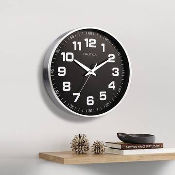 Nautica Premium Metal Modern Wall Clock Rim - Sport Dial (Black, Silver)