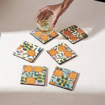 Chumbak Wood Marigold Coaster Set (Multicolour)