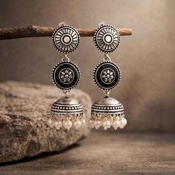Voylla Rangabati Faux Pearls Layered Jhumkas (Silver)