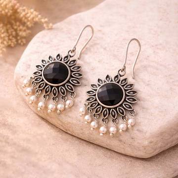 Voylla Work Essentials Round Cut Gem Drop Earrings (Silver)