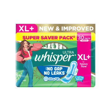 Whisper Ultra Upto No Gap No Leaks Sanitary Pads (XL+, 30 pieces)