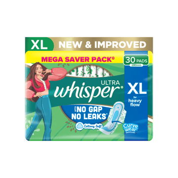 Whisper Ultra Upto No Gap No Leaks Sanitary Pads (XL, 30 pieces)