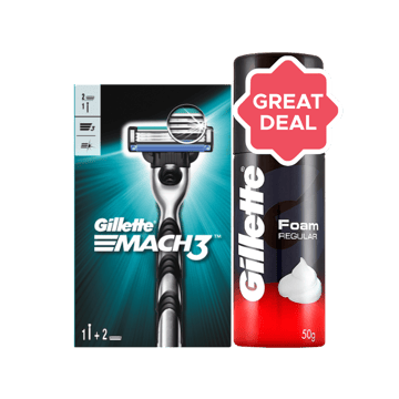 Gillette Mach 3 Men's Razor - with 1 extra Cartridges + Gillette Regular Shaving Foam (50 g) Combo