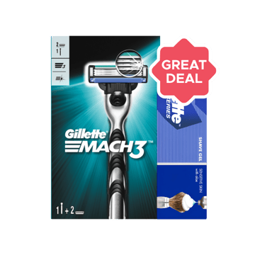 Gillette Mach 3 Men's Razor - with 2 Cartridges + Gillette Sensitive Skin Shaving Gel with Aloe Combo