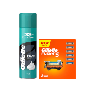 Gillette Fusion5 Men's Razor Cartridge +  Sensitive Shaving Foam Combo