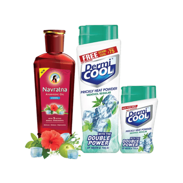 Navratna Cool Ayurvedic Hair Oil + Dermicool Menthol Regular Talcum Powder + Aloe Fresh Powder Free Combo