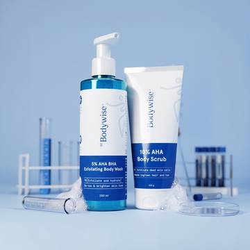 Be Bodywise Detan Exfoliating 5% AHA BHA Body Wash +  De-tan 10% AHA Exfoliating Body Scrub Combo