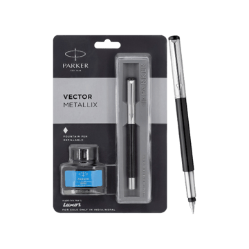 Parker Vector Metallix Ink Pen With Quink Ink Bottle (Blue Ink)
