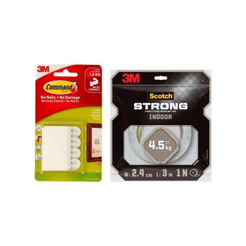 Command 3M Small Picture Hanging Strips + Scotch 3M Double Sided Tape (1M Holds 4.5Kg) (Grey) Combo